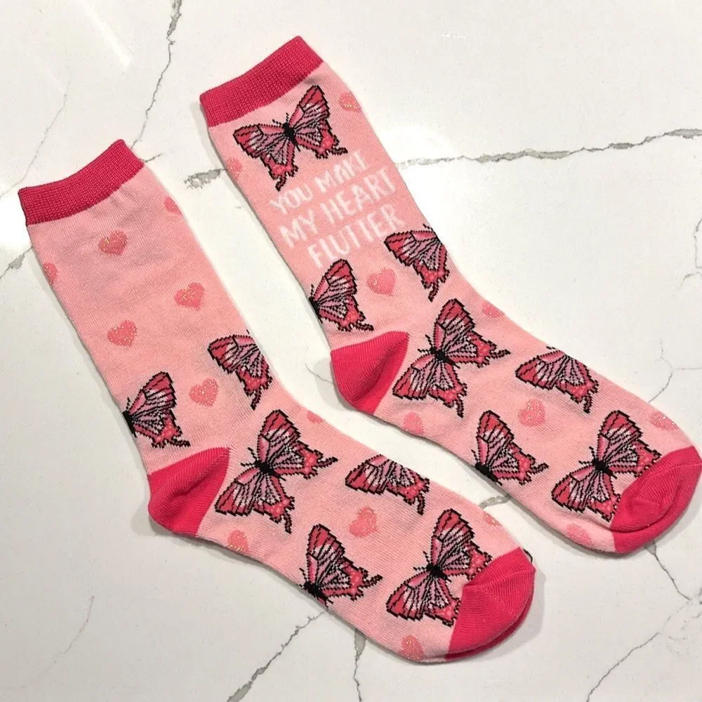 NWOT Pair of Fashion Socks Pink Butterfly Blue Camper Socks